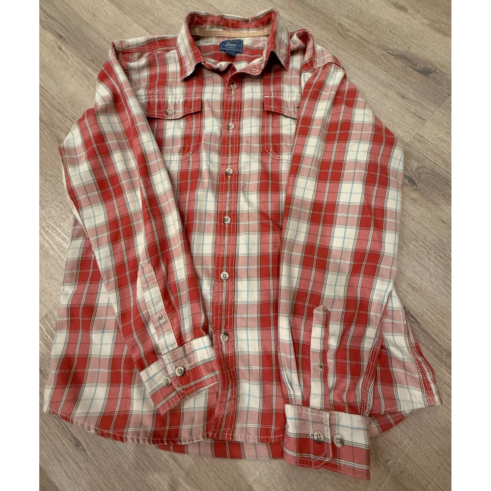 GH Bass Co Mens Large Red Plaid Button Down Shirt Long Sleeve Cotton Blend L